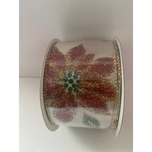 9 Feet 2.5” Red Gold Glitter Poinsettia Wired Christmas Ribbon for Gifts Crafts - Picture 6 of 8